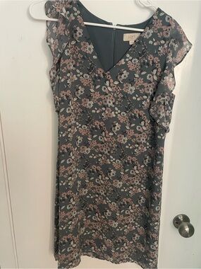 LOFT Charcoal Midi Dress with Dusty Pink Floral Print